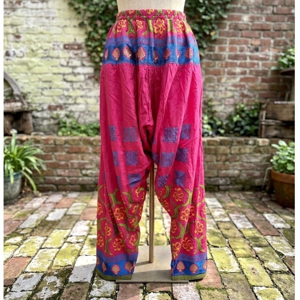 Vibrant Artsy Harem Salwar Pants Pink Embroidered Boho Festival Yoga Cotton S
